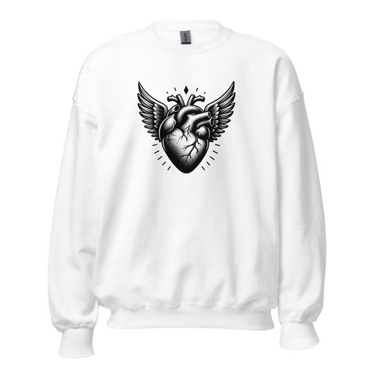 Weißer Unisex Pullover mit echtem Herz das Flügel hat Print
