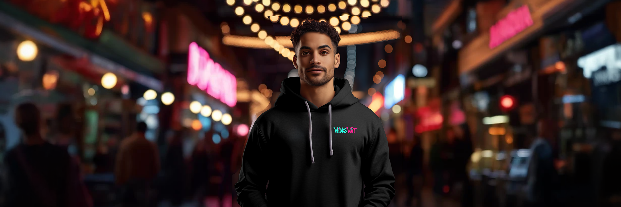 Mannt trägt schwarzen Hoodie mit WiddeWitt Logo
