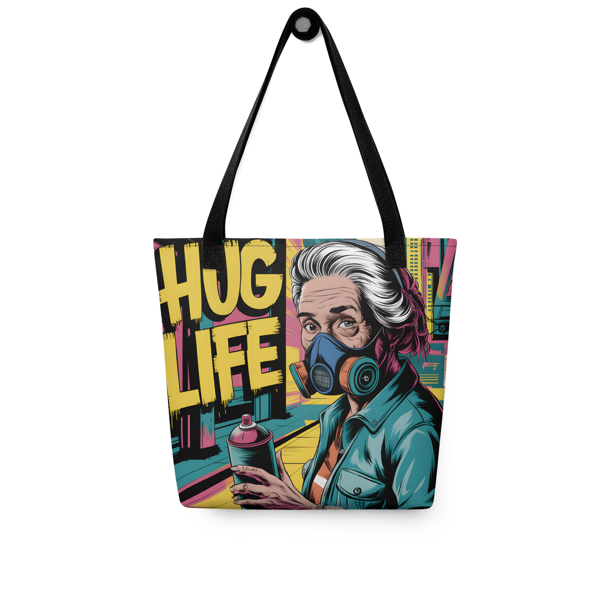 All Over Stoffbeutel mit Hug Life Graffiti sprühender alten Frau