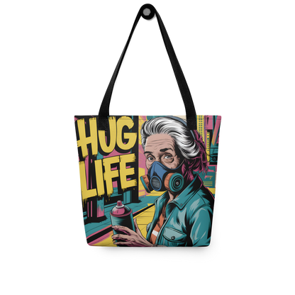 All Over Stoffbeutel mit Hug Life Graffiti sprühender alten Frau