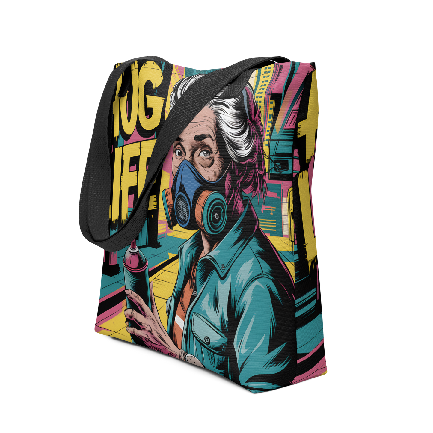 All Over Stoffbeutel mit Hug Life Graffiti sprühender alten Frau Seitenansicht