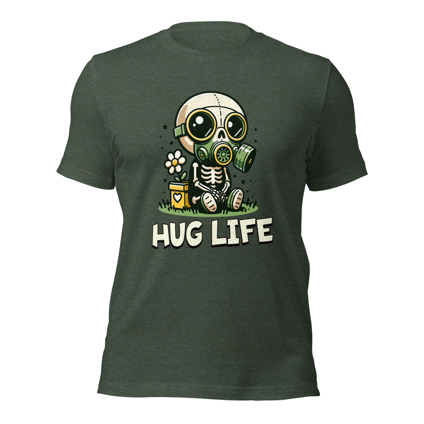 Heather Waldgrünes Unisex T-Shirt mit kleinem Skelettmännchen mit Gasmaske und dem Schriftzug Hug Life