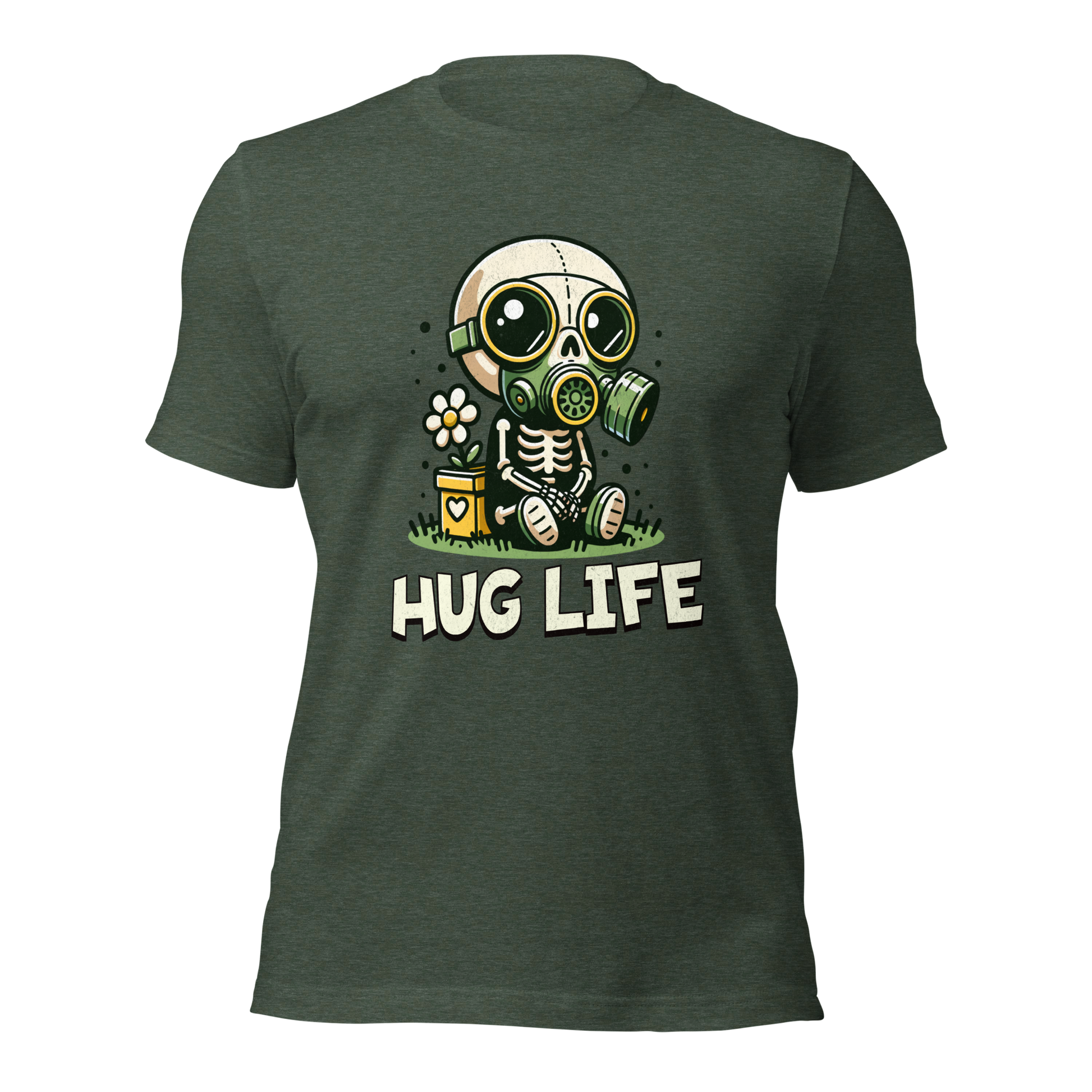 Heather Waldgrünes Unisex T-Shirt mit kleinem Skelettmännchen mit Gasmaske und dem Schriftzug Hug Life