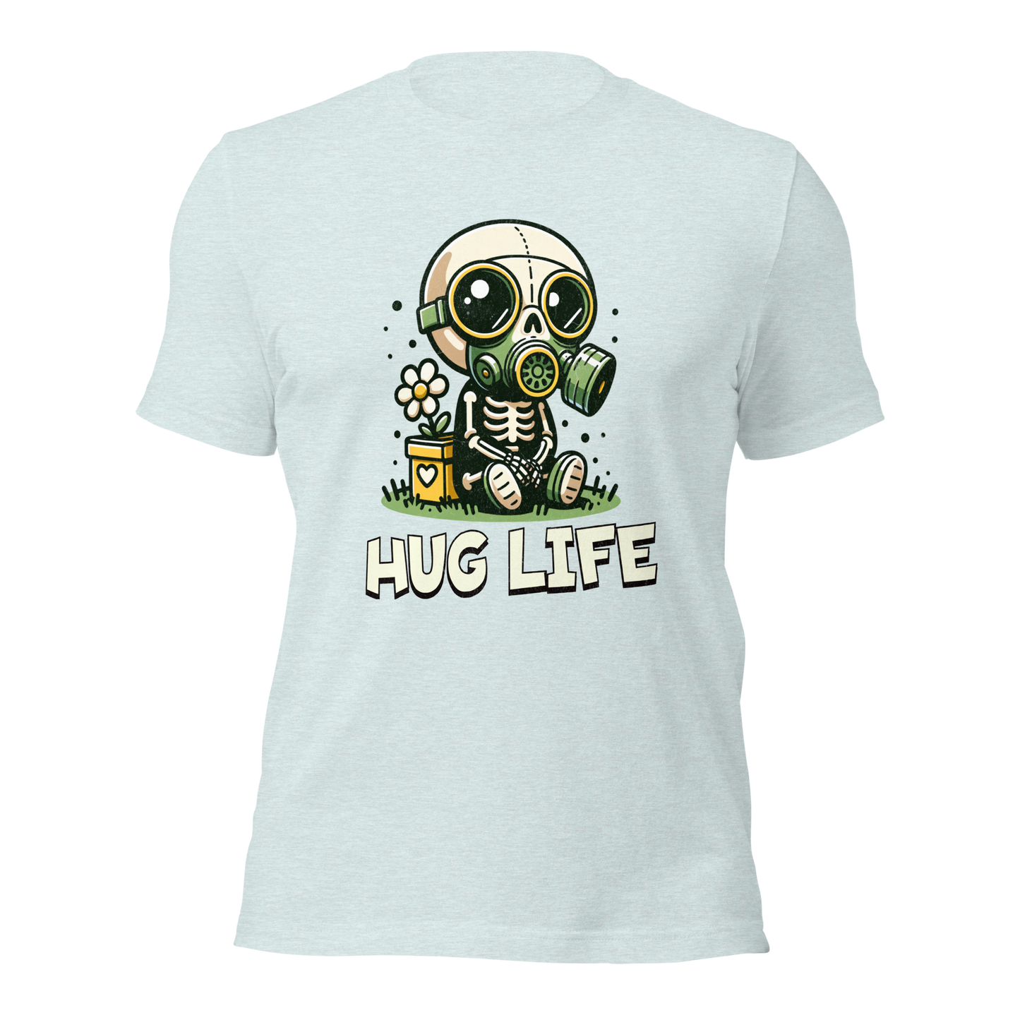 Heather hellblaues Unisex T-Shirt mit kleinem Skelettmännchen mit Gasmaske und dem Schriftzug Hug Life