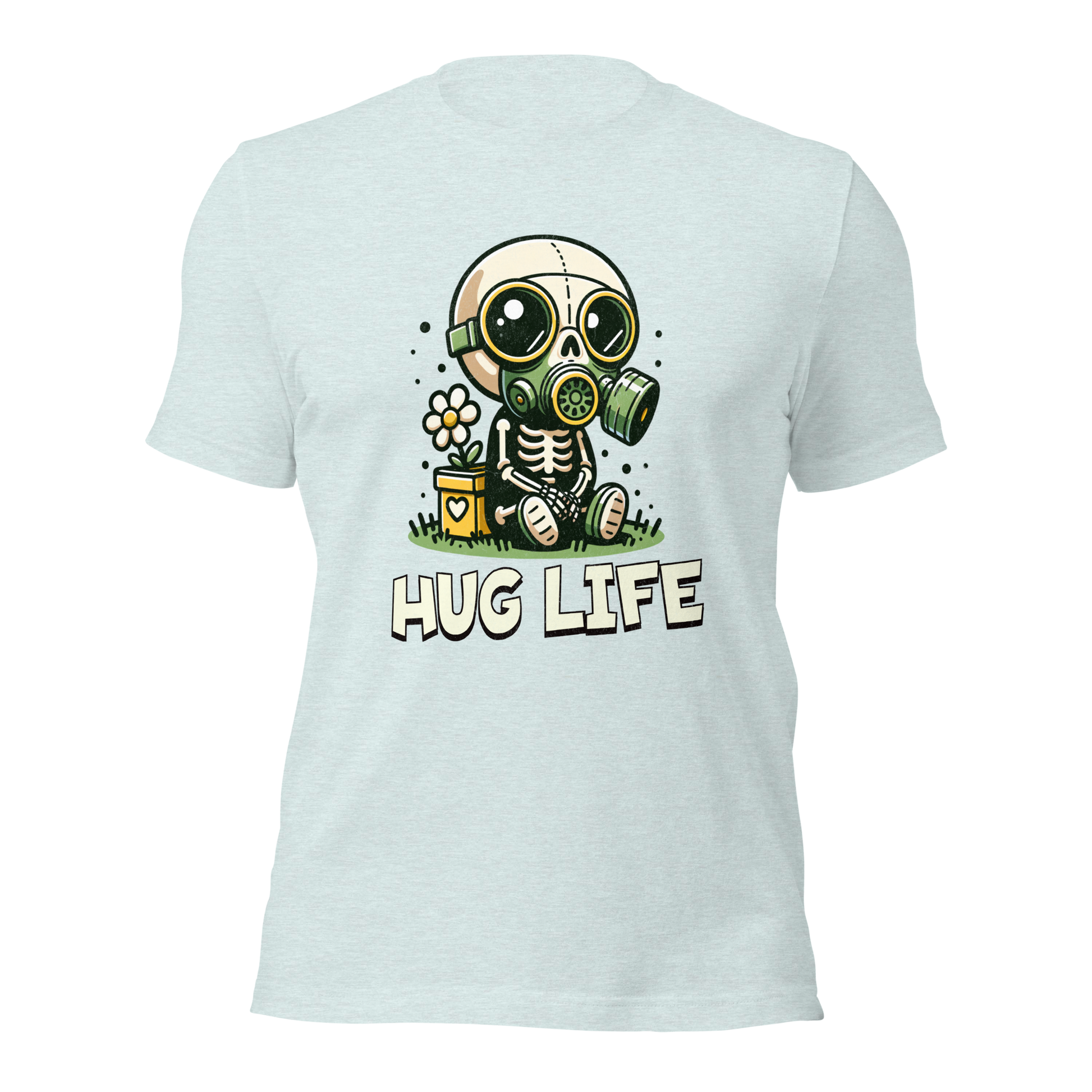 Heather hellblaues Unisex T-Shirt mit kleinem Skelettmännchen mit Gasmaske und dem Schriftzug Hug Life