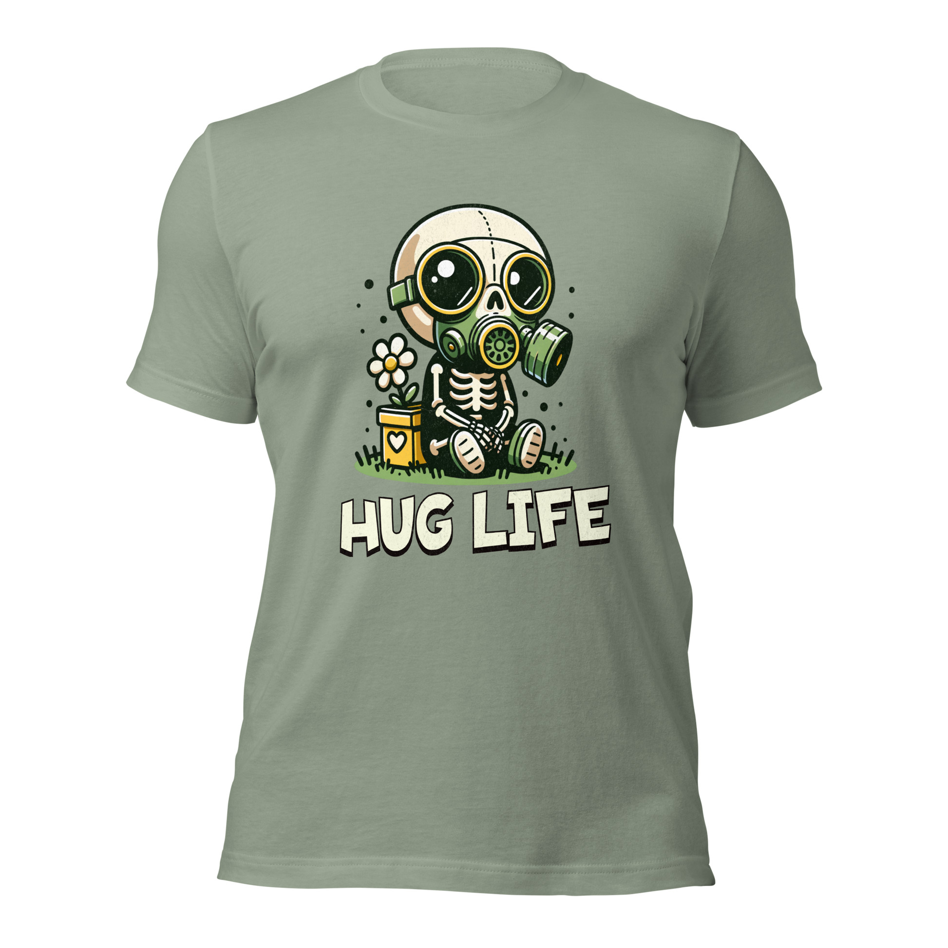 Sage farbendes Unisex T-Shirt mit kleinem Skelettmännchen mit Gasmaske und dem Schriftzug Hug Life
