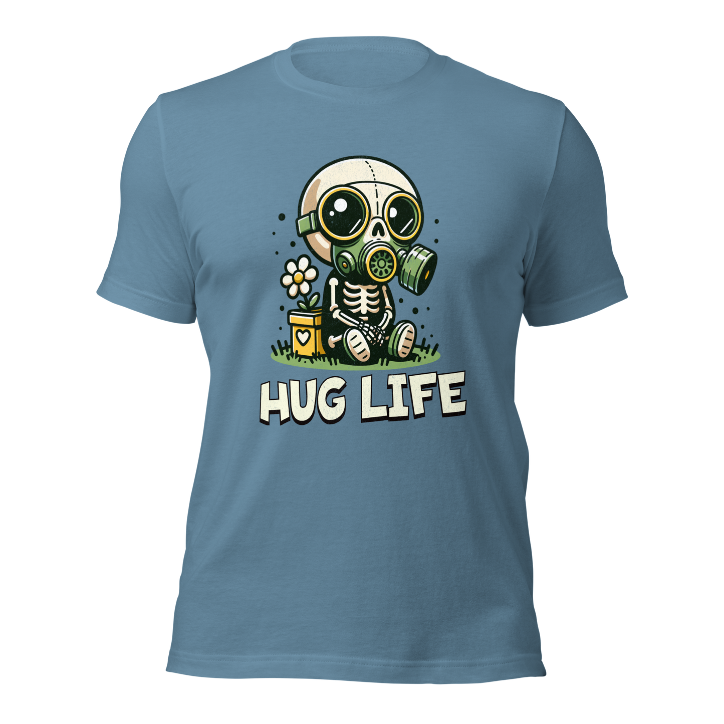 Stahlblaues Unisex T-Shirt mit kleinem Skelettmännchen mit Gasmaske und dem Schriftzug Hug Life