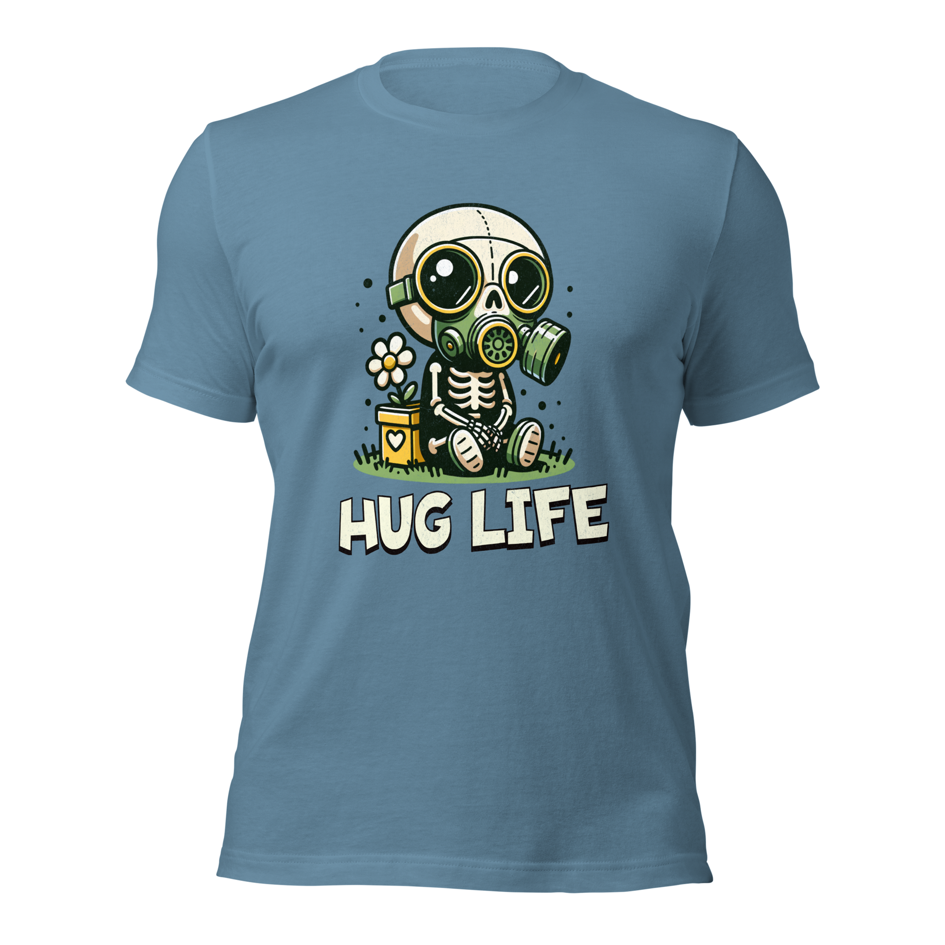 Stahlblaues Unisex T-Shirt mit kleinem Skelettmännchen mit Gasmaske und dem Schriftzug Hug Life