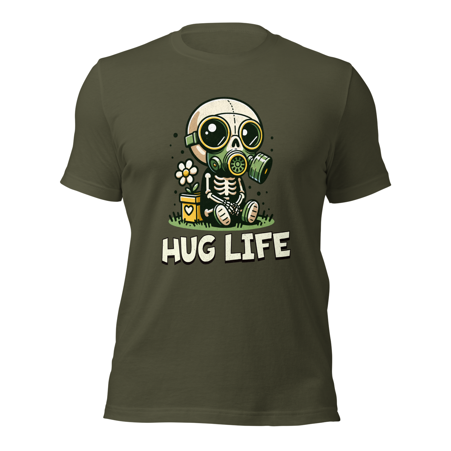 Militärgrünes Unisex T-Shirt mit kleinem Skelettmännchen mit Gasmaske und dem Schriftzug Hug Life
