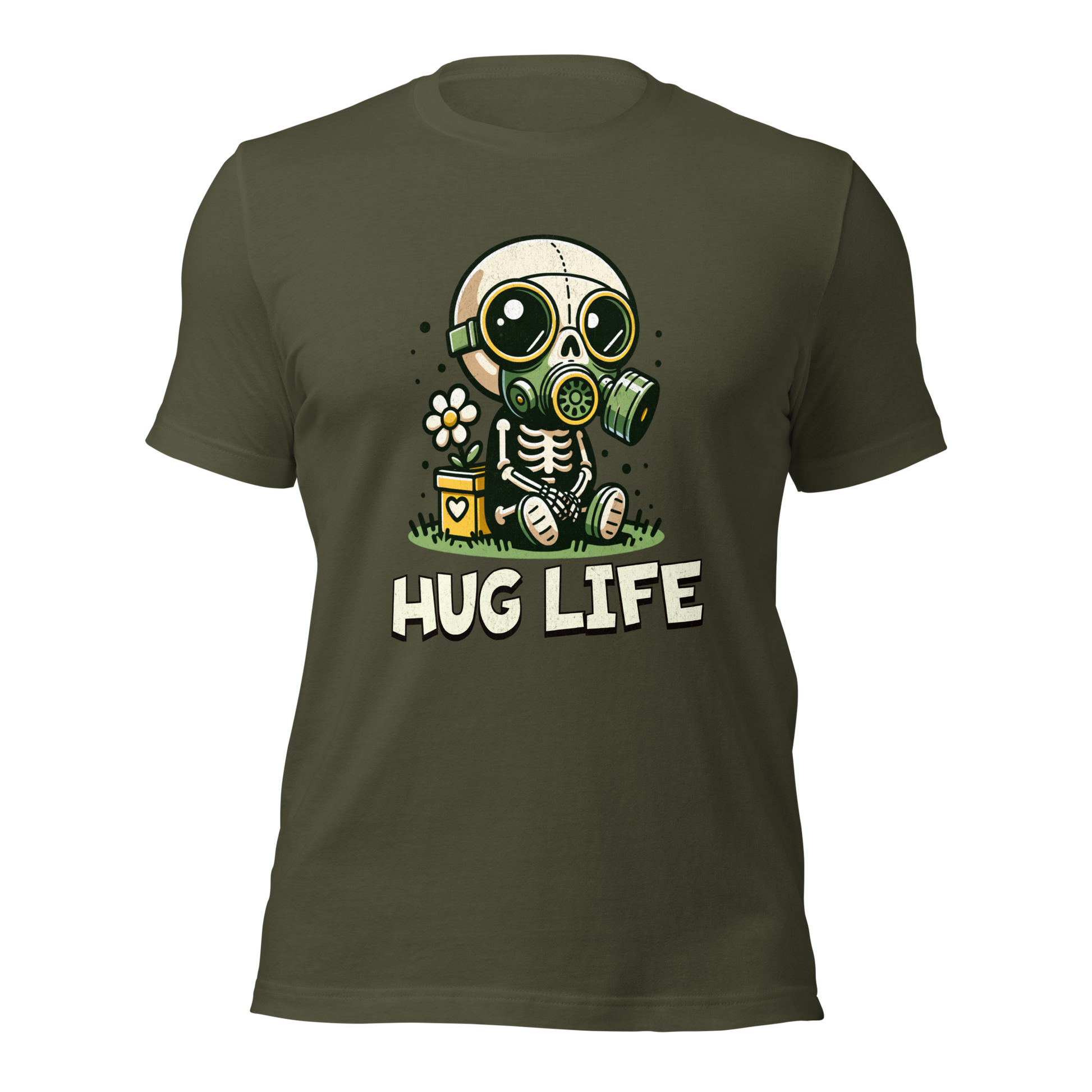 Militärgrünes Unisex T-Shirt mit kleinem Skelettmännchen mit Gasmaske und dem Schriftzug Hug Life