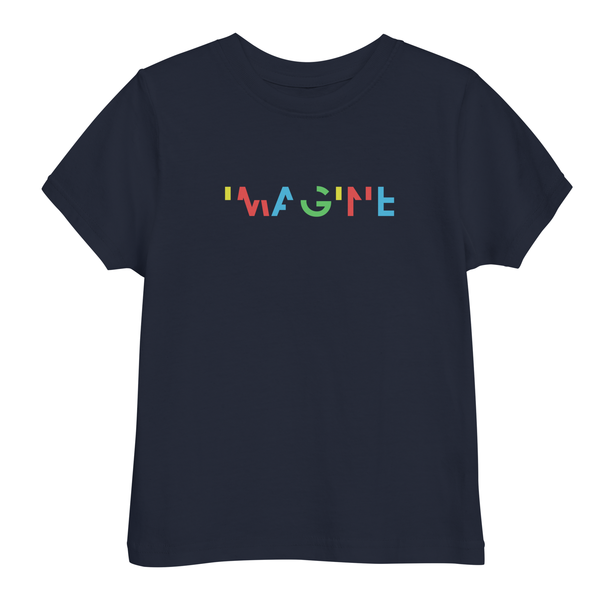 Blaues T-Shirt mit buntem IMAGINE Schriftzug