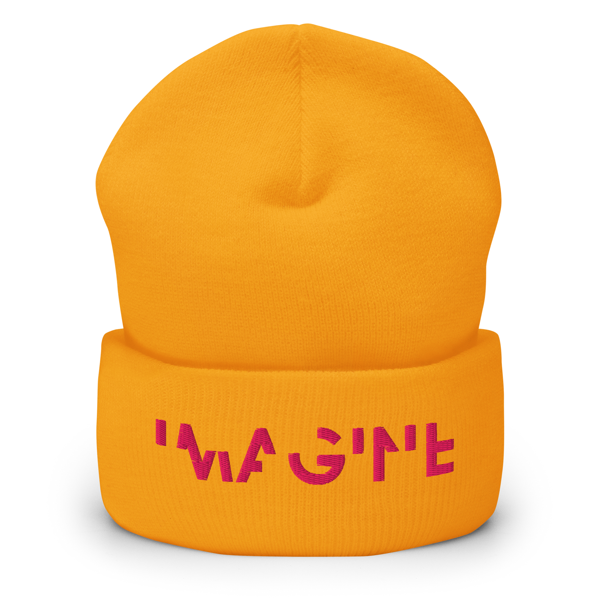 Gelbes Beanie mit pinkem IMAGINE Schriftzug