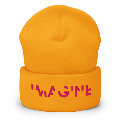 Gelbes Beanie mit pinkem IMAGINE Schriftzug