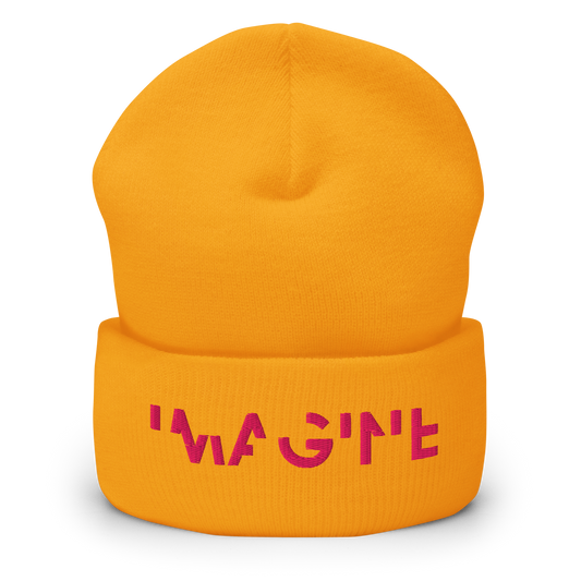 Gelbes Beanie mit pinkem IMAGINE Schriftzug