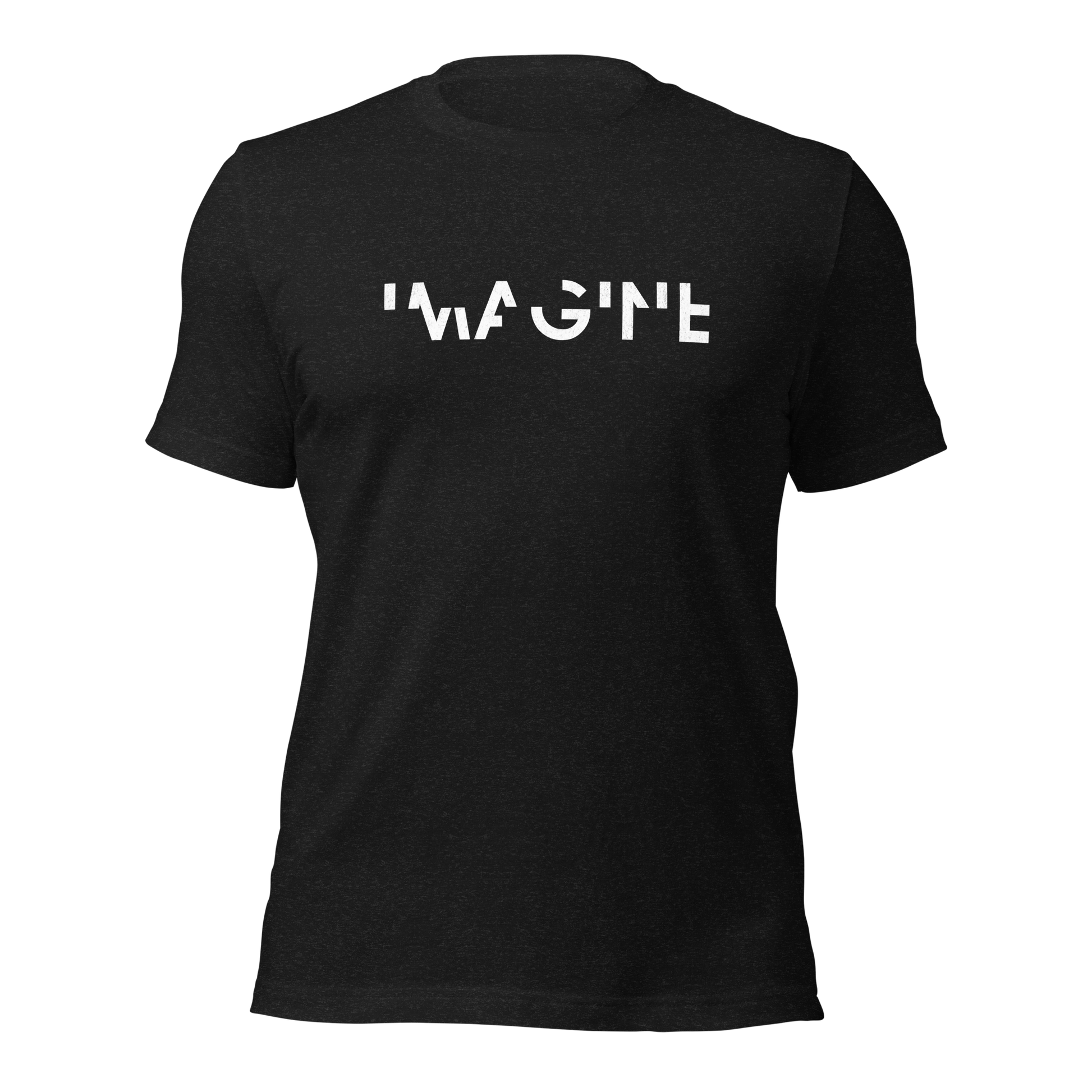 Heather schwarzes Unisex T-Shirt mit weißem IMAGINE Schriftzug