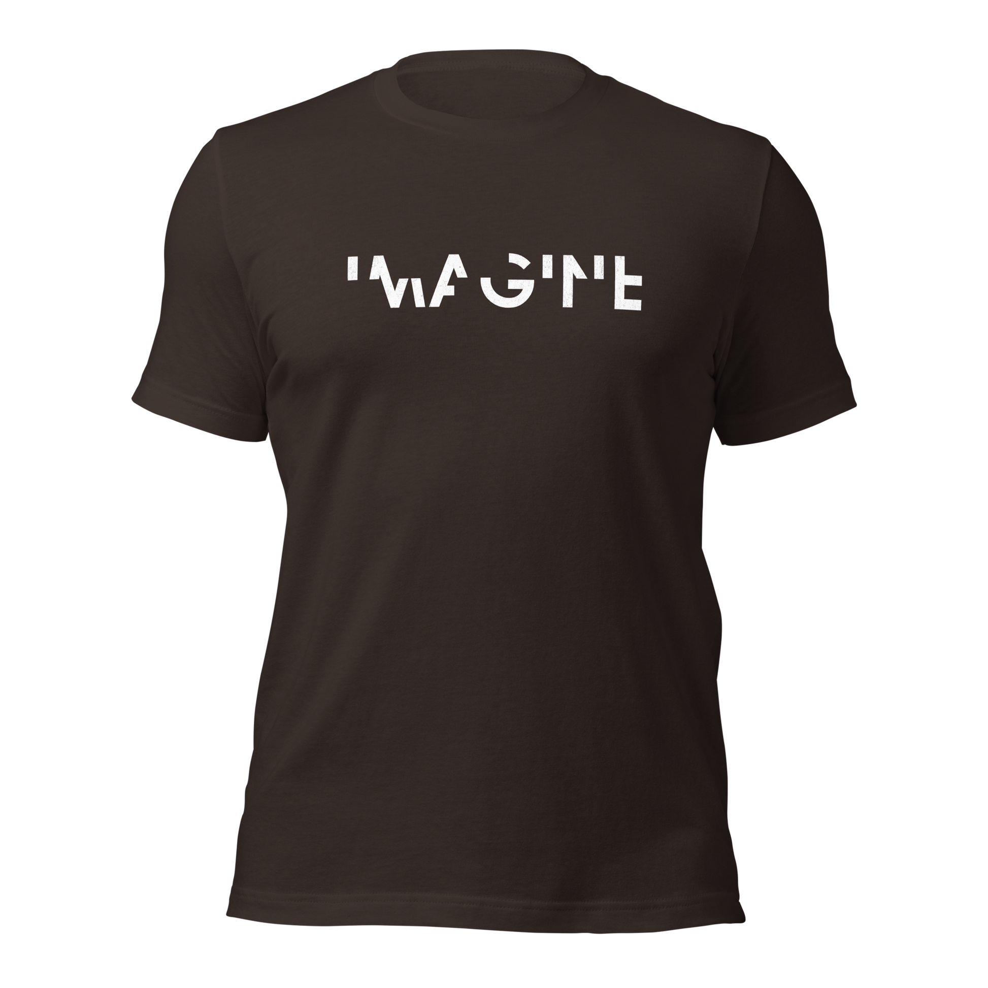 Braunes Unisex T-Shirt mit weißem IMAGINE Schriftzug