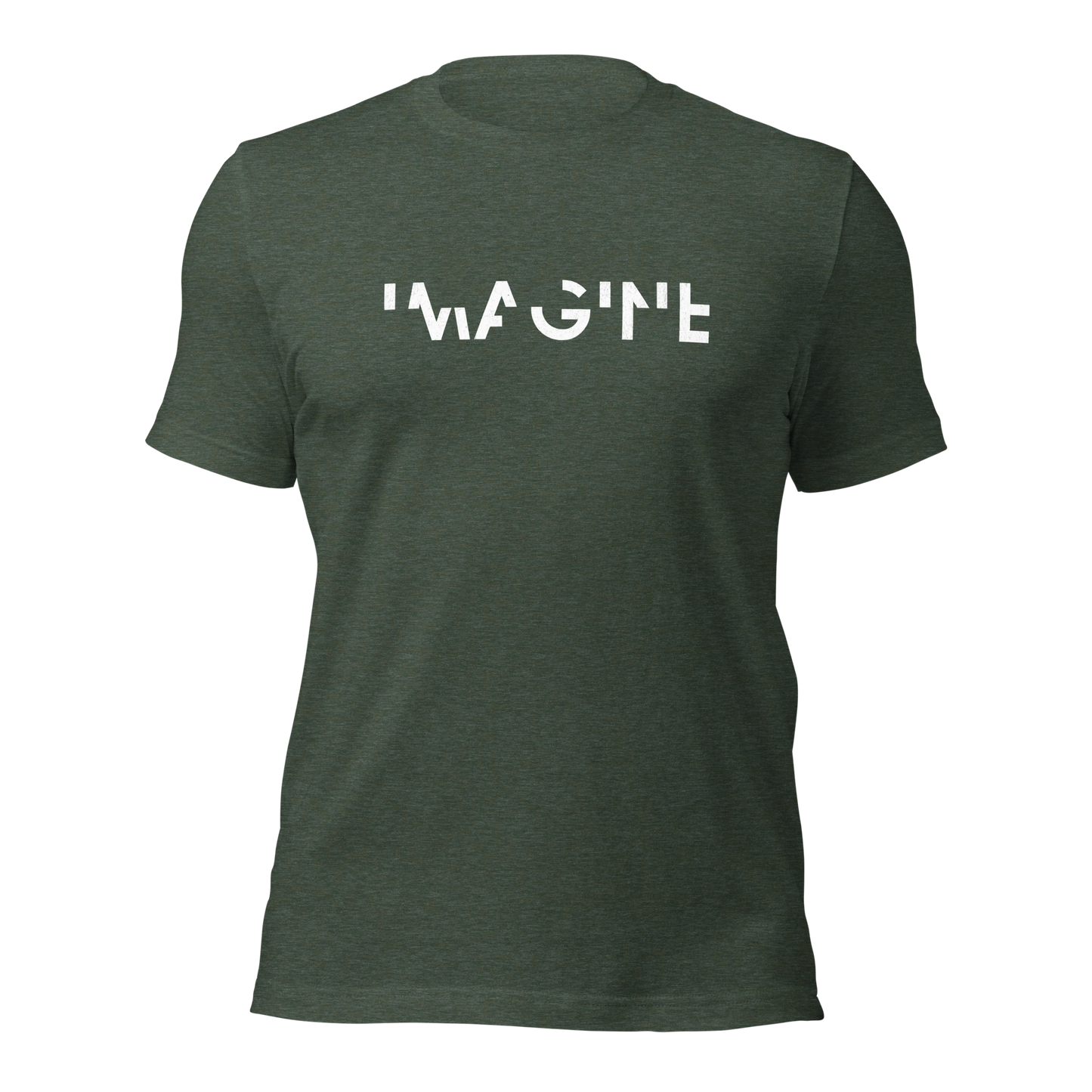 Heather waldgrünes Unisex T-Shirt mit weißem IMAGINE Schriftzug