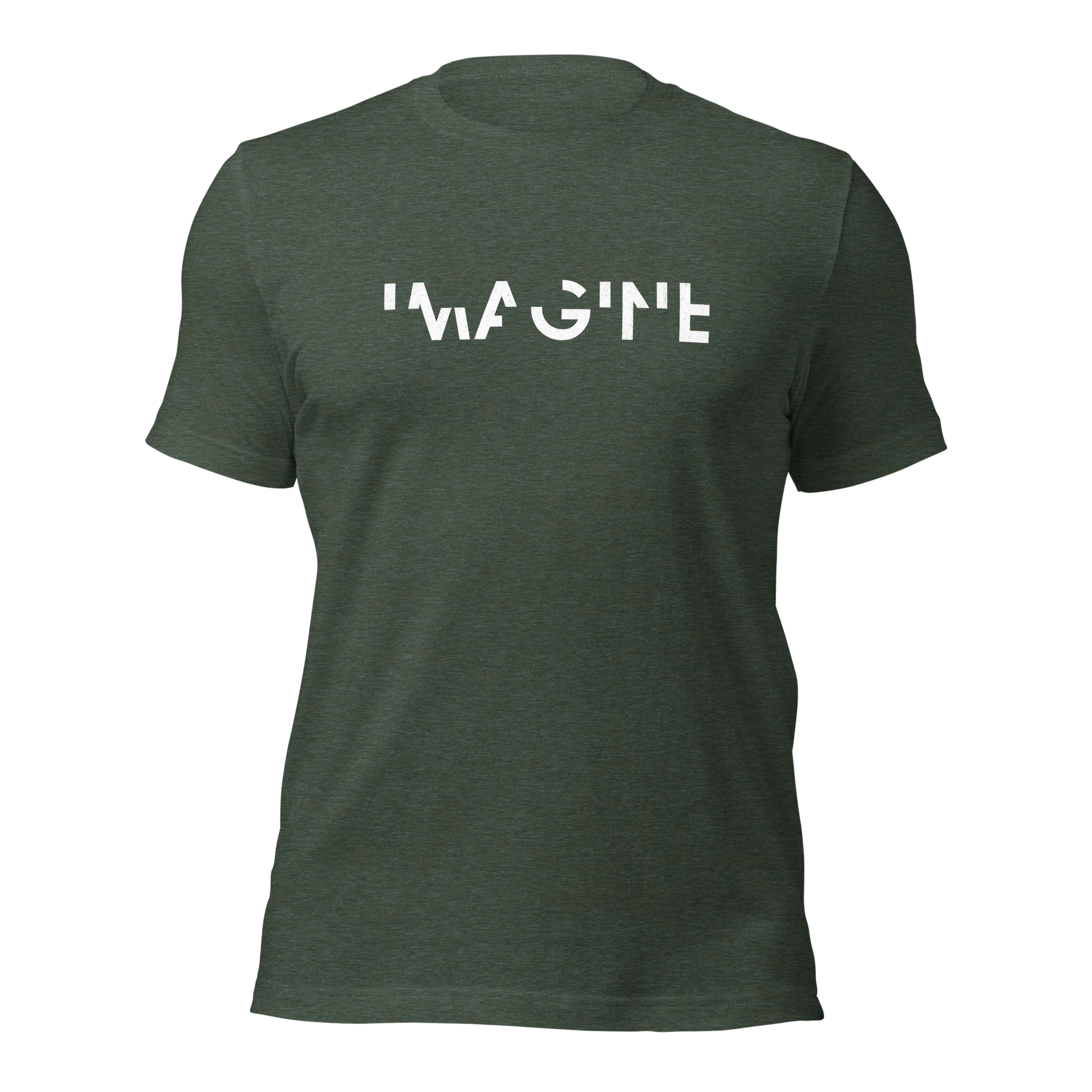 Heather waldgrünes Unisex T-Shirt mit weißem IMAGINE Schriftzug