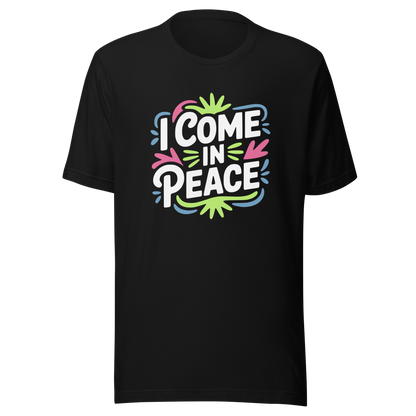 Schwarzes Partnerlook T-Shirt mit buntem "I come in Peace" Print