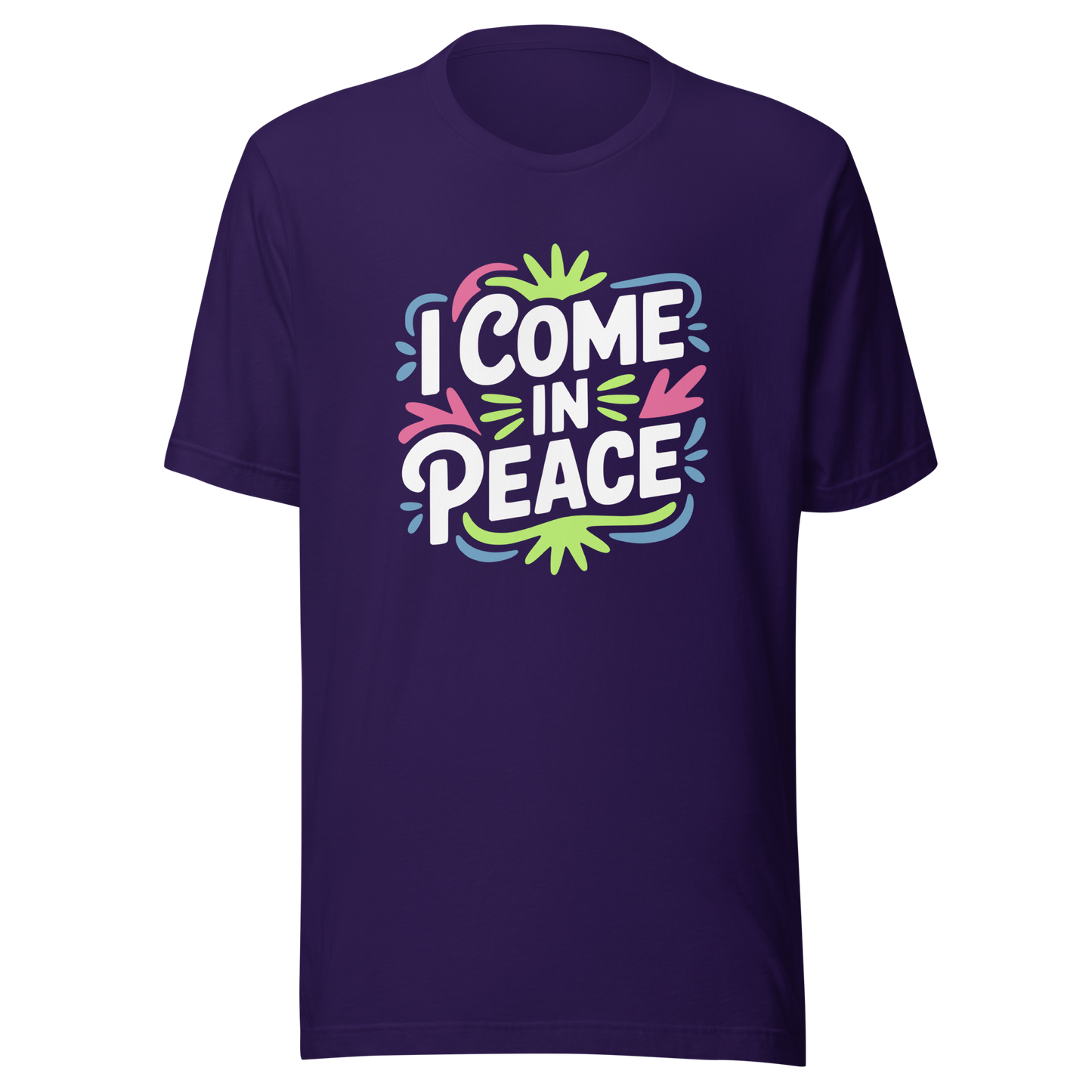 Lila Partnerlook T-Shirt mit buntem "I come in Peace" Print