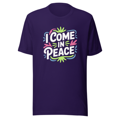 Lila Partnerlook T-Shirt mit buntem "I come in Peace" Print