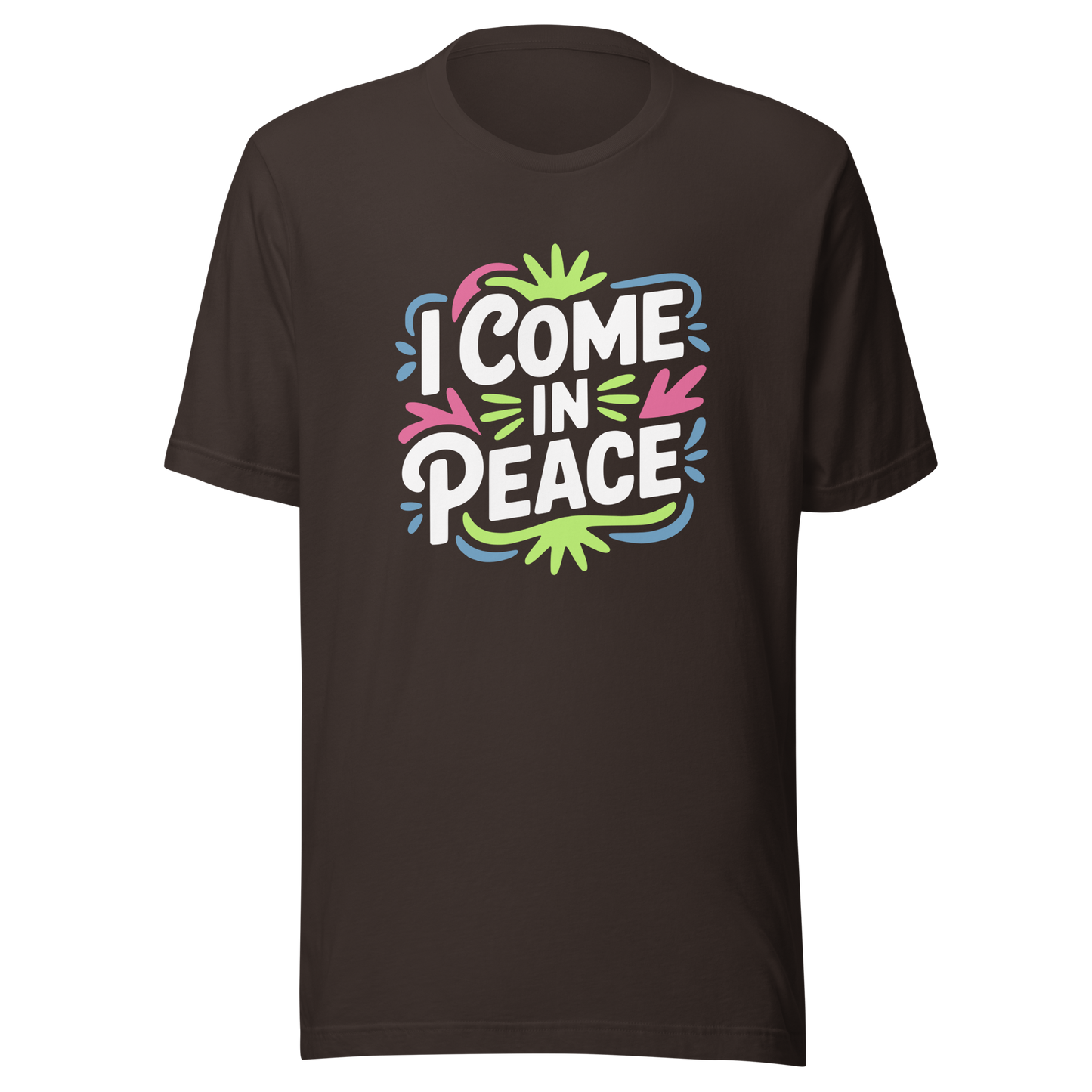 Braunes Partnerlook T-Shirt mit buntem "I come in Peace" Print