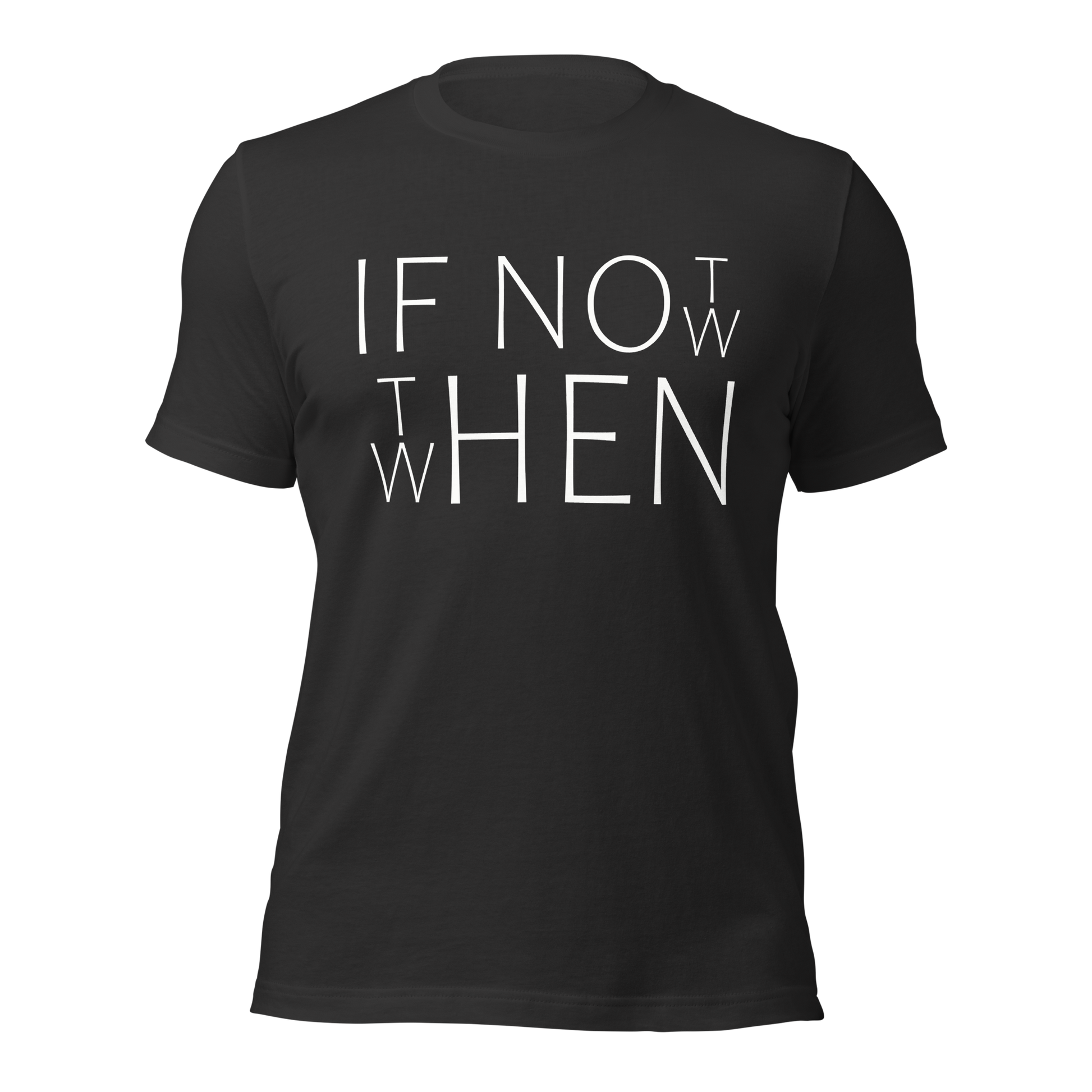 Dunkelgraues Unisex T-Shirt mit If Not Now When Then Print