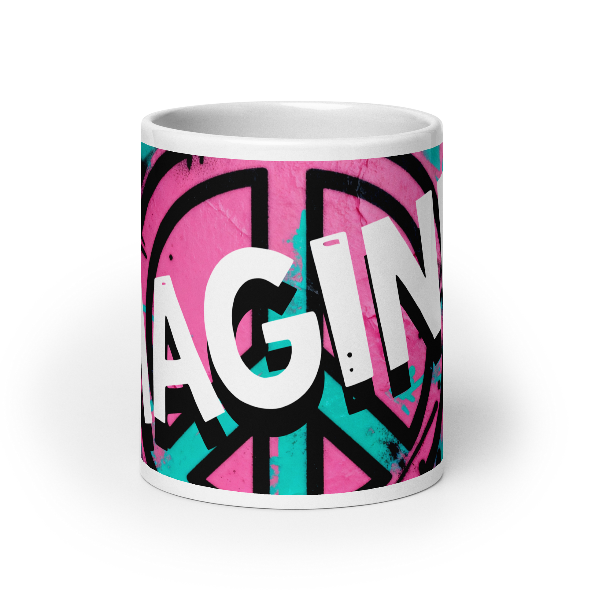 Weiße Tasse mit Peace Zeichen und Imagine Schriftzug darüber