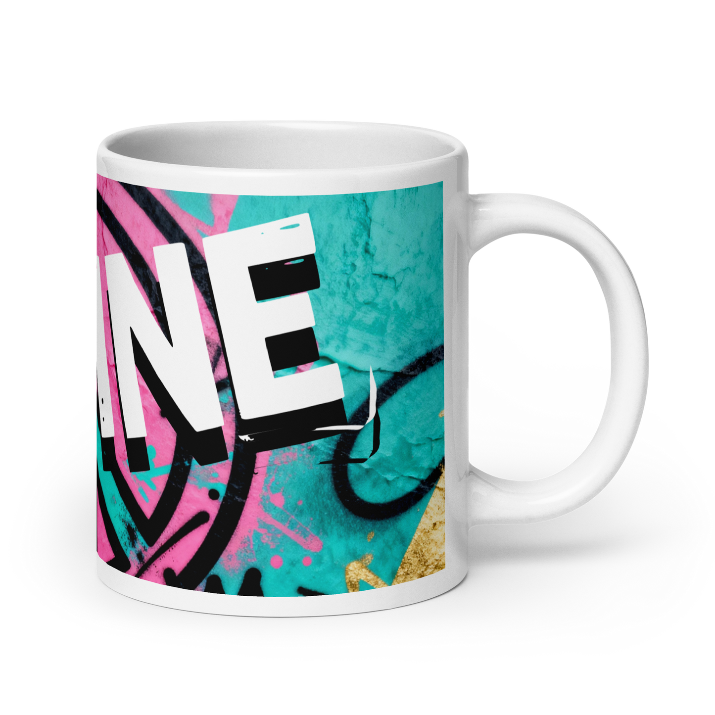 Weiße Tasse mit Peace Zeichen und Imagine Schriftzug darüber rechte Ansicht