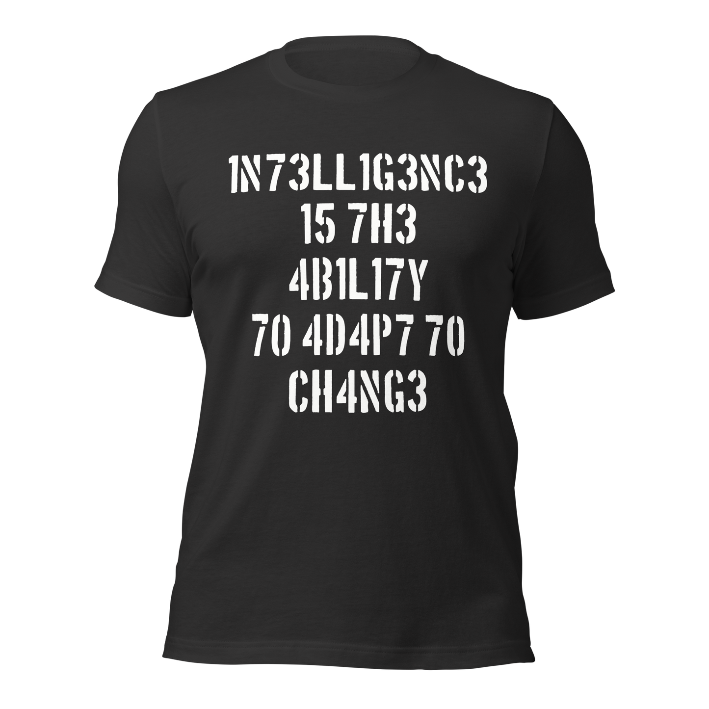 Dunkelgraues Unisex T-Shirt mit Intelligence is the Ability to Change mit Zahlen statt Buchstaben