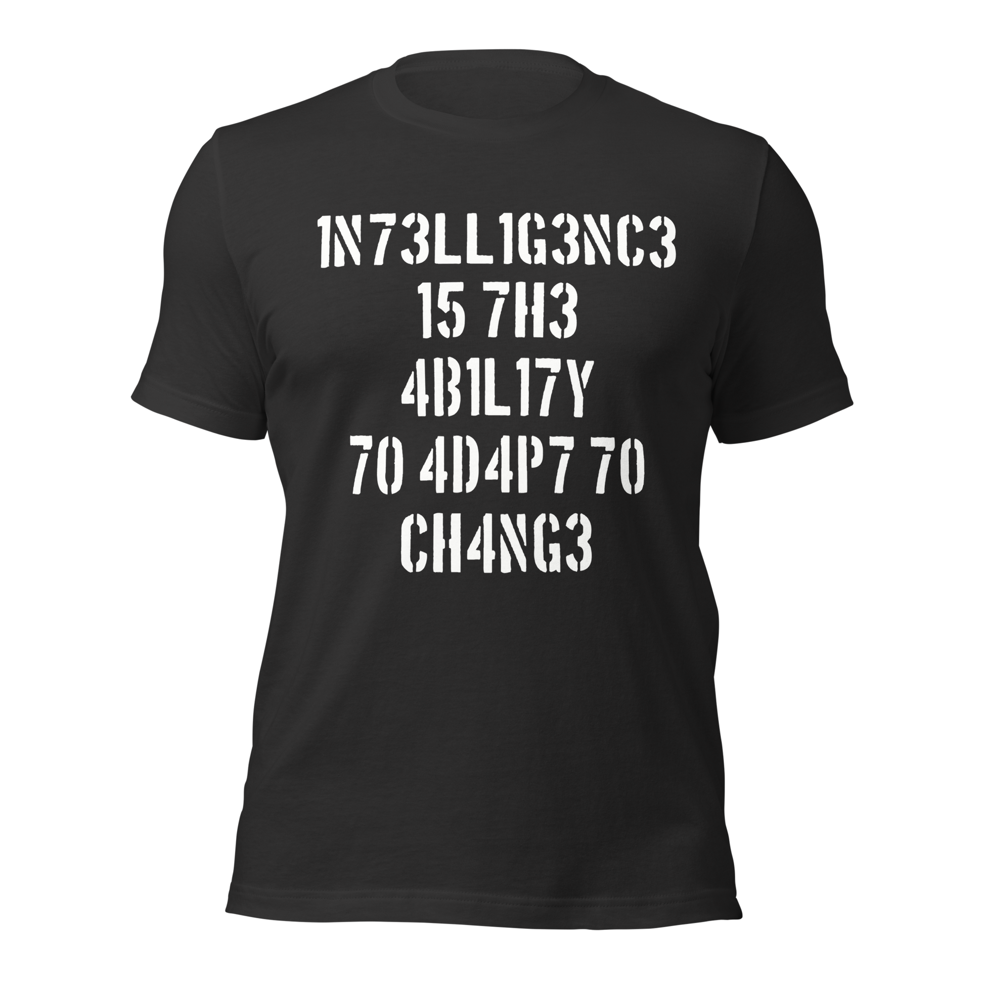 Dunkelgraues Unisex T-Shirt mit Intelligence is the Ability to Change mit Zahlen statt Buchstaben