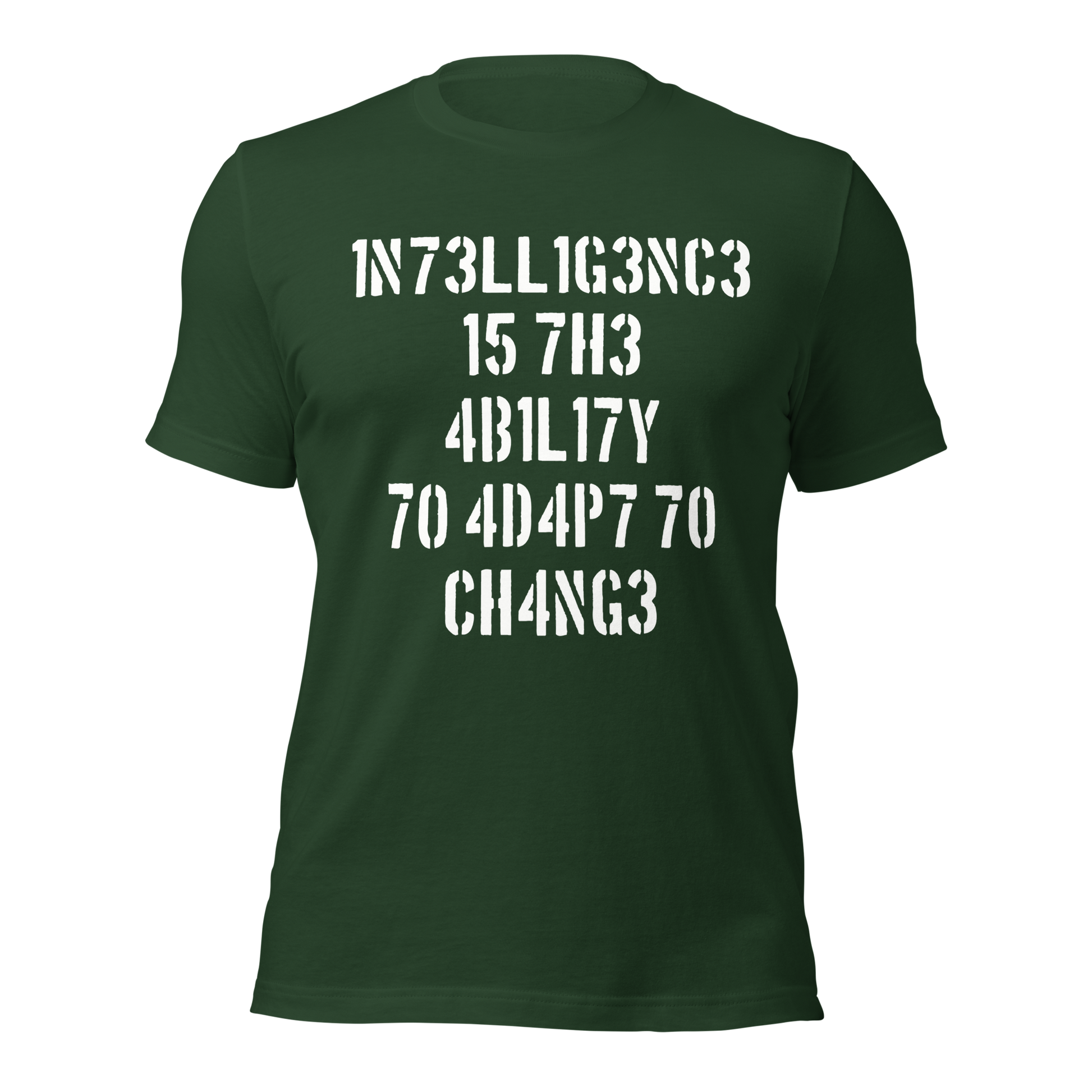 Waldgrünes Unisex T-Shirt mit Intelligence is the Ability to Change mit Zahlen statt Buchstaben