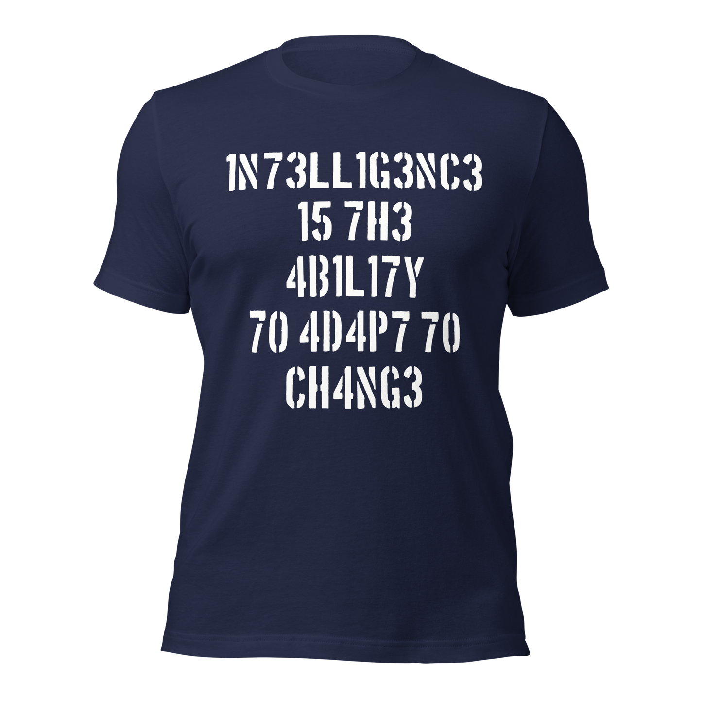 Navy Unisex T-Shirt mit Intelligence is the Ability to Change mit Zahlen statt Buchstaben
