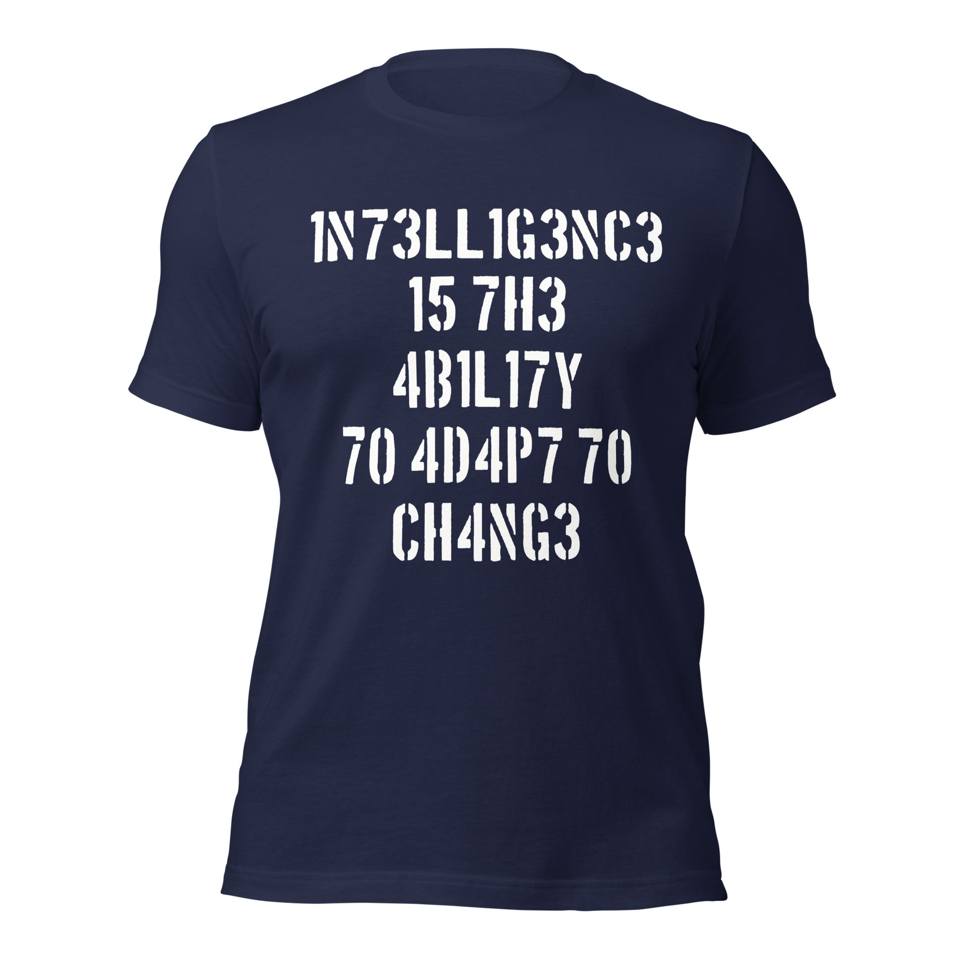 Navy Unisex T-Shirt mit Intelligence is the Ability to Change mit Zahlen statt Buchstaben