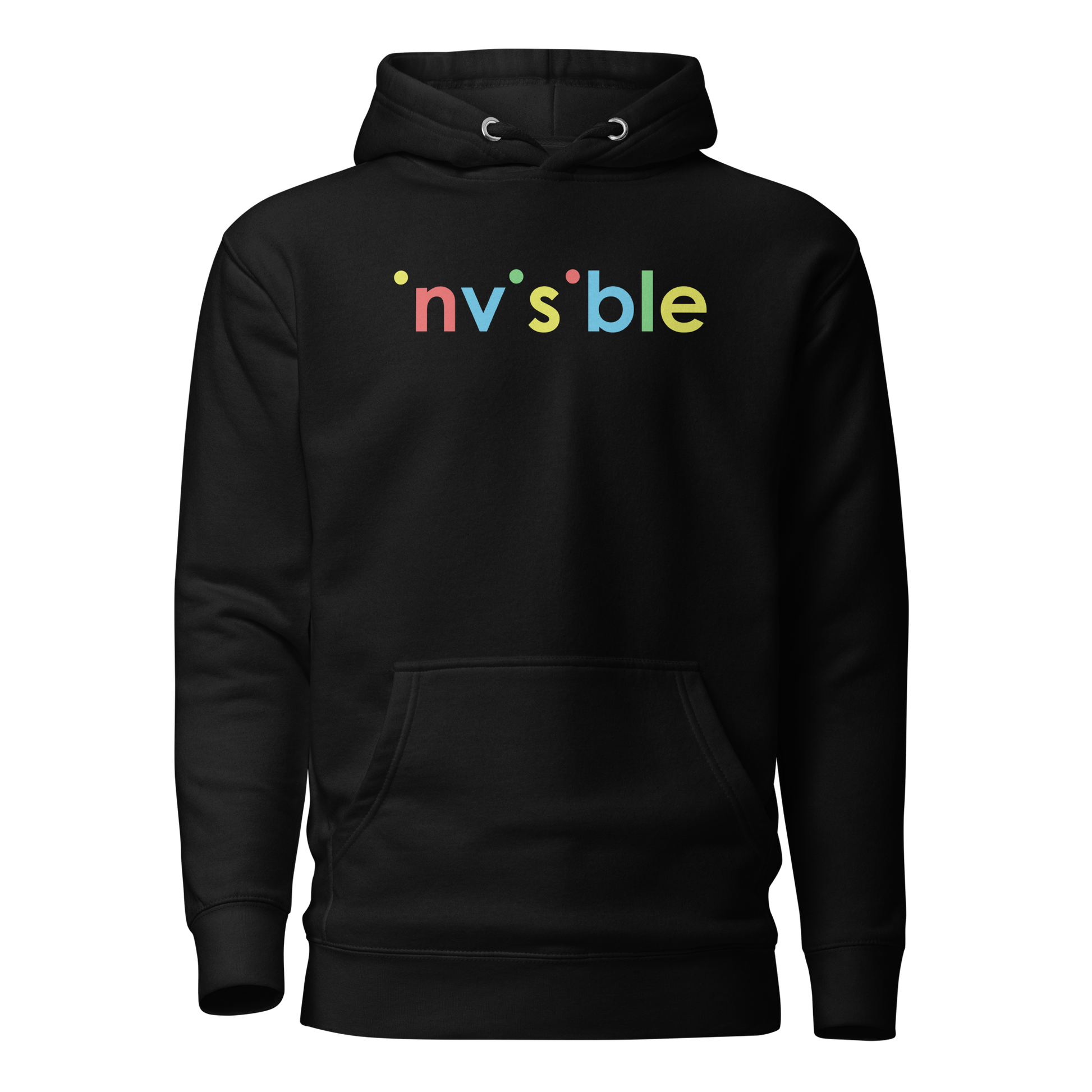 Schwarzer Unisex Hoodie mit buntem invisible Schriftzug Brustprint