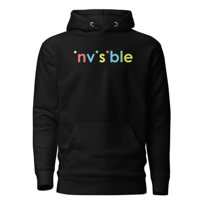 Schwarzer Unisex Hoodie mit buntem invisible Schriftzug Brustprint