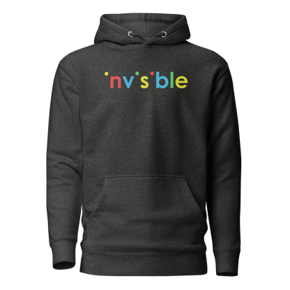 Heather grauer Unisex Hoodie mit buntem invisible Schriftzug Brustprint
