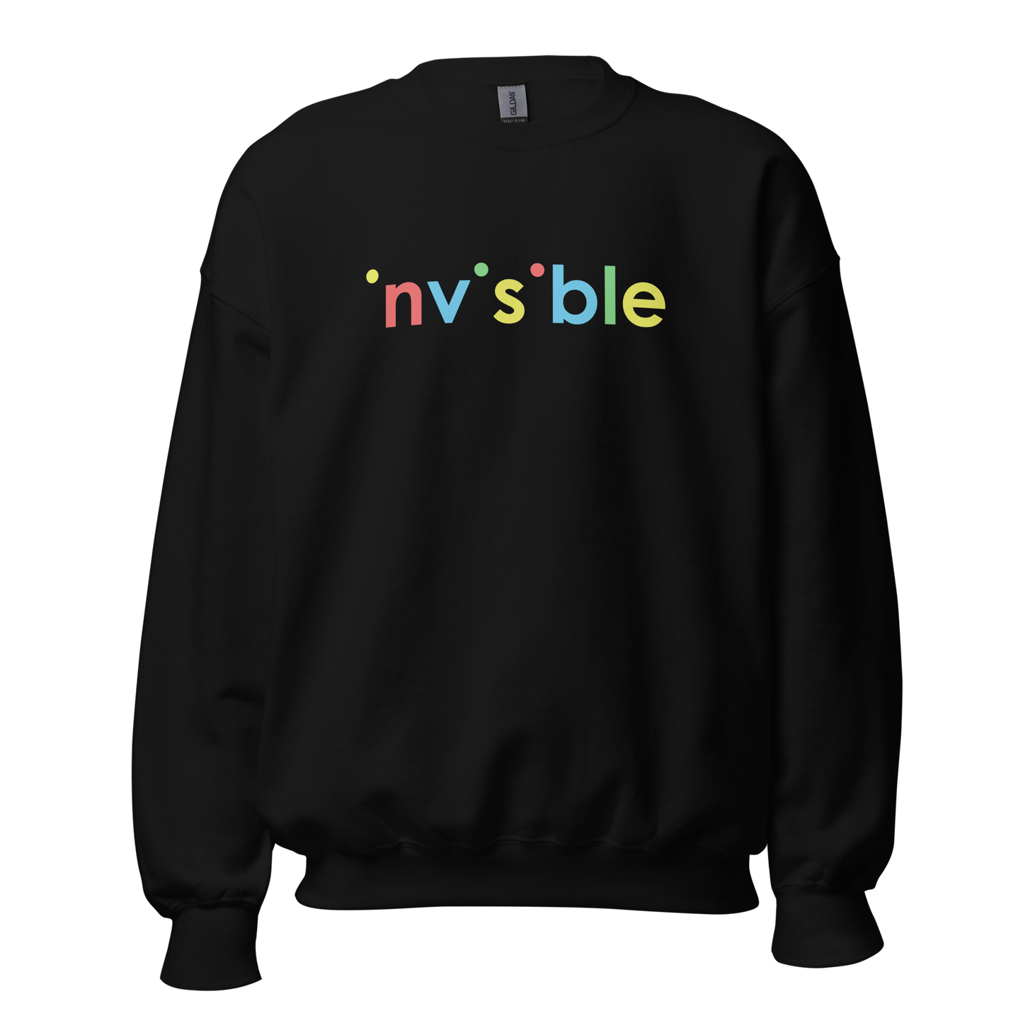 Schwarzer Unisex Pullover mit buntem invisible Print bei dem die i-Punkte fehlen