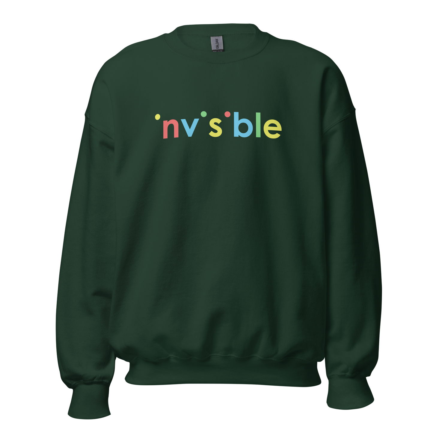 Waldgrüner Pullover mit buntem invisible Print bei dem die i-Punkte fehlen