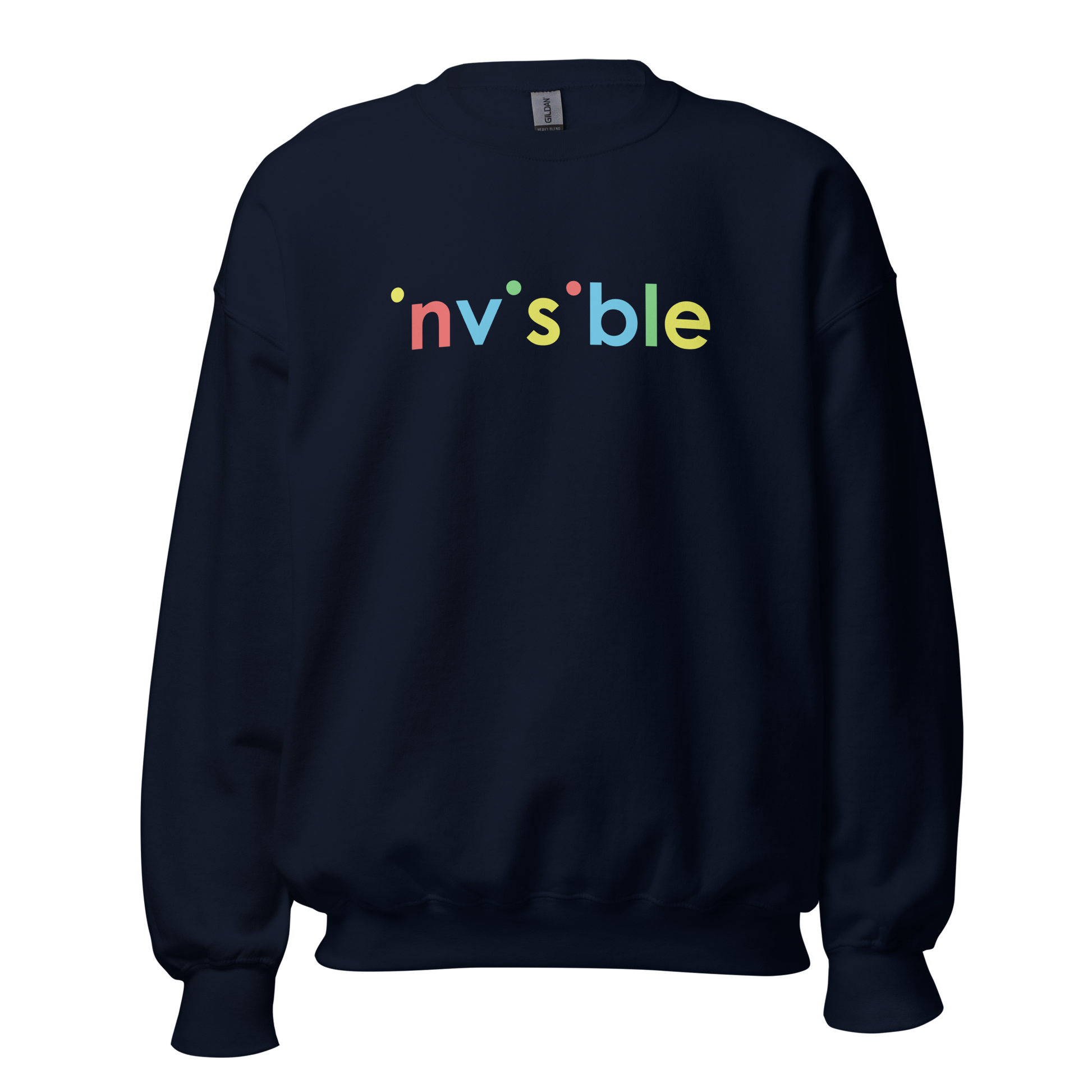 Navy Pullover mit buntem invisible Print bei dem die i-Punkte fehlen