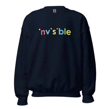 Navy Pullover mit buntem invisible Print bei dem die i-Punkte fehlen