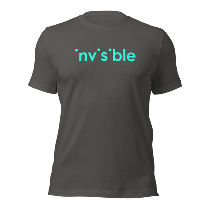 Asphalt graues Unisex T-Shirt mit invisible türkis farbendem Print bei dem die i-Punkte fehlen