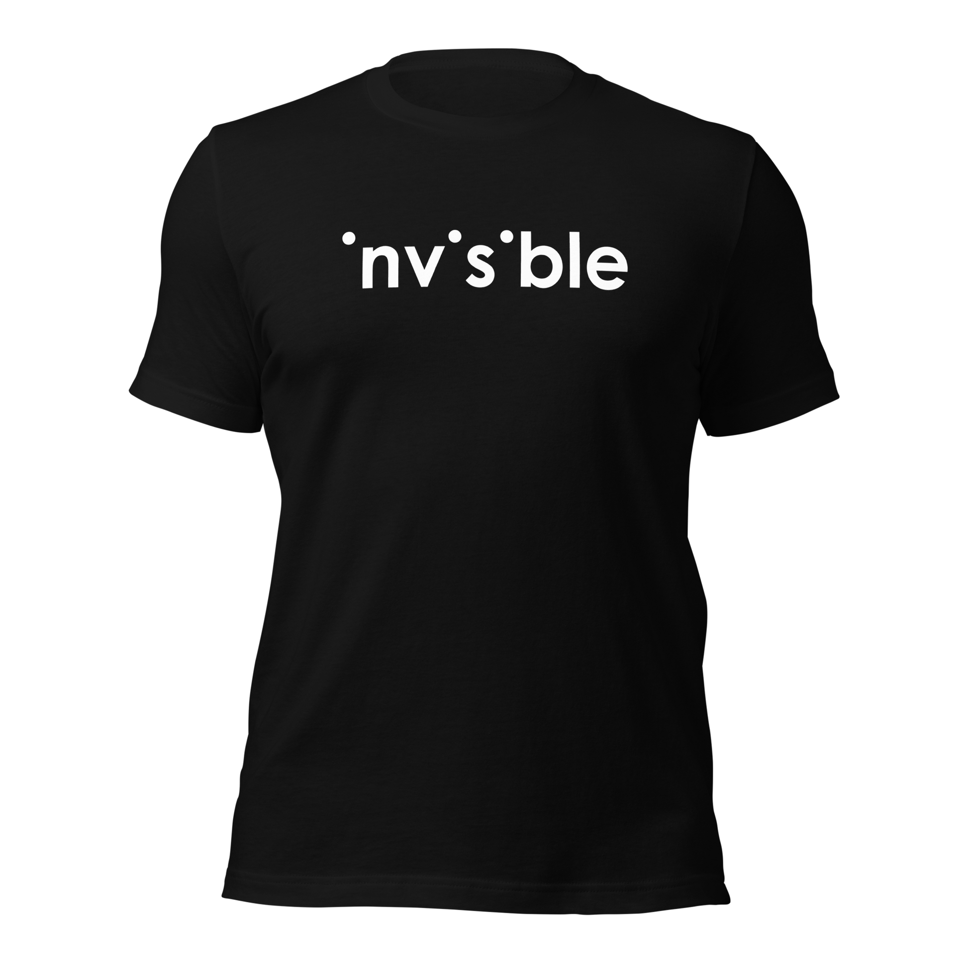 Schwarzes Unisex T-Shirt mit weißem Invisible Schriftzug, bei dem die i-Punkte fehlen Brustprint