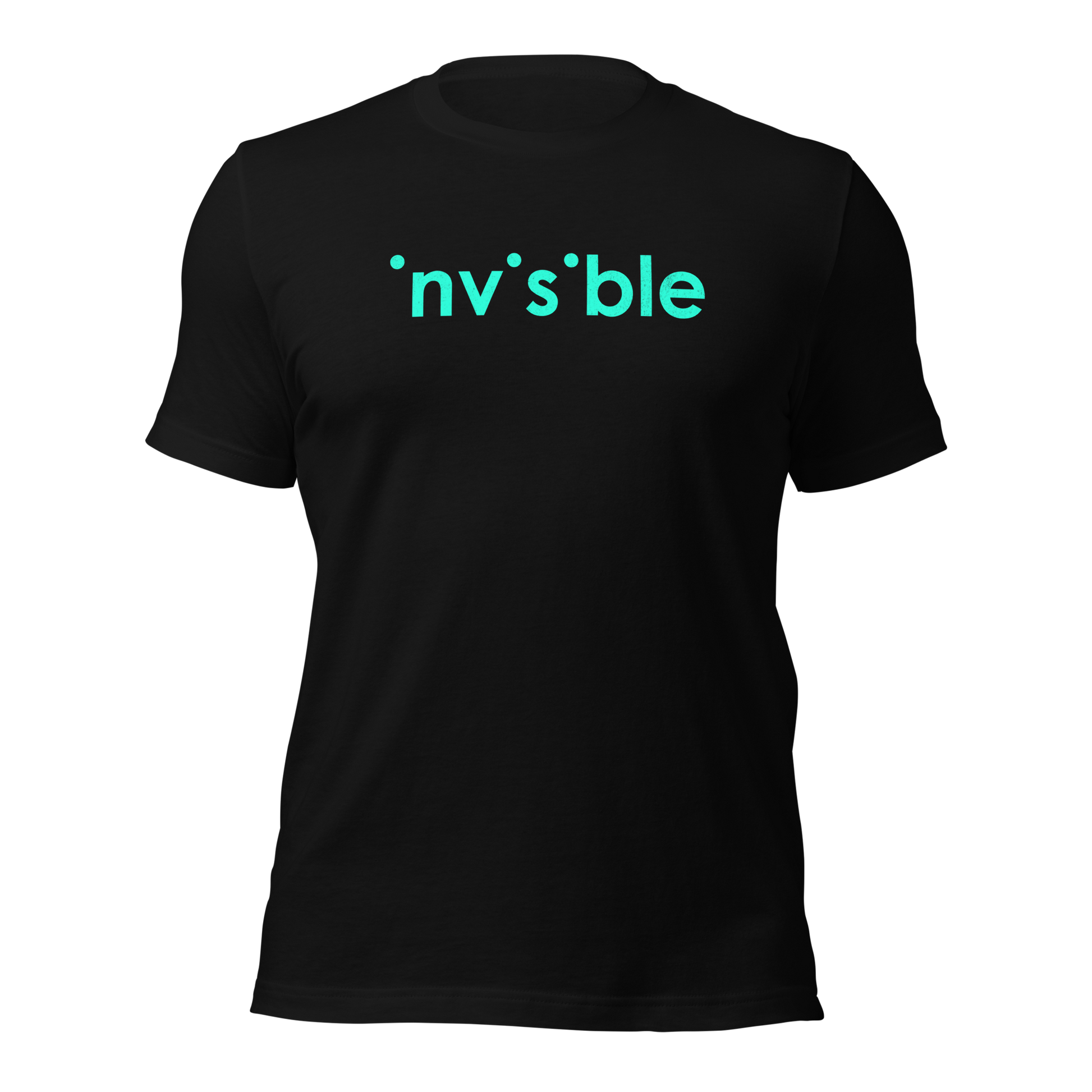 Schwarzes Unisex T-Shirt mit invisible türkis farbendem Print bei dem die i-Punkte fehlen