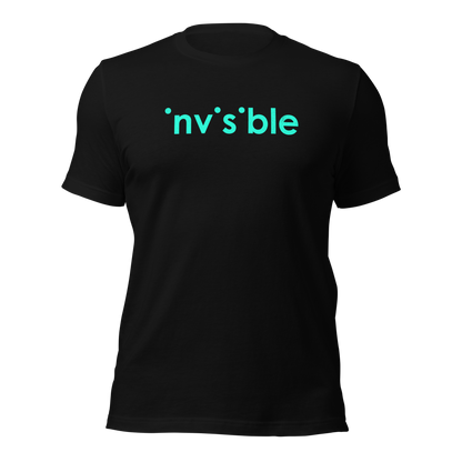 Schwarzes Unisex T-Shirt mit invisible türkis farbendem Print bei dem die i-Punkte fehlen
