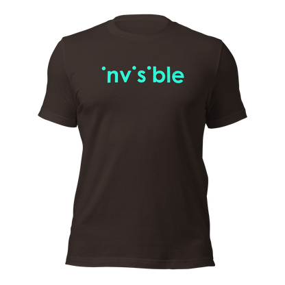 Braunes Unisex T-Shirt mit invisible türkis farbendem Print bei dem die i-Punkte fehlen