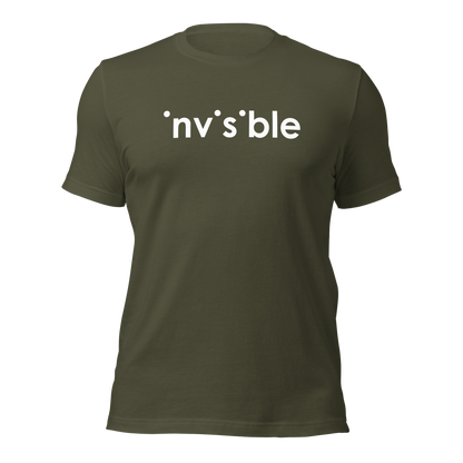 Militär grünes Unisex T-Shirt mit weißem Invisible Schriftzug, bei dem die i-Punkte fehlen Brustprint