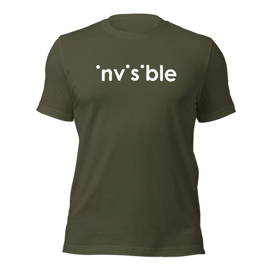 Militär grünes Unisex T-Shirt mit weißem Invisible Schriftzug, bei dem die i-Punkte fehlen Brustprint