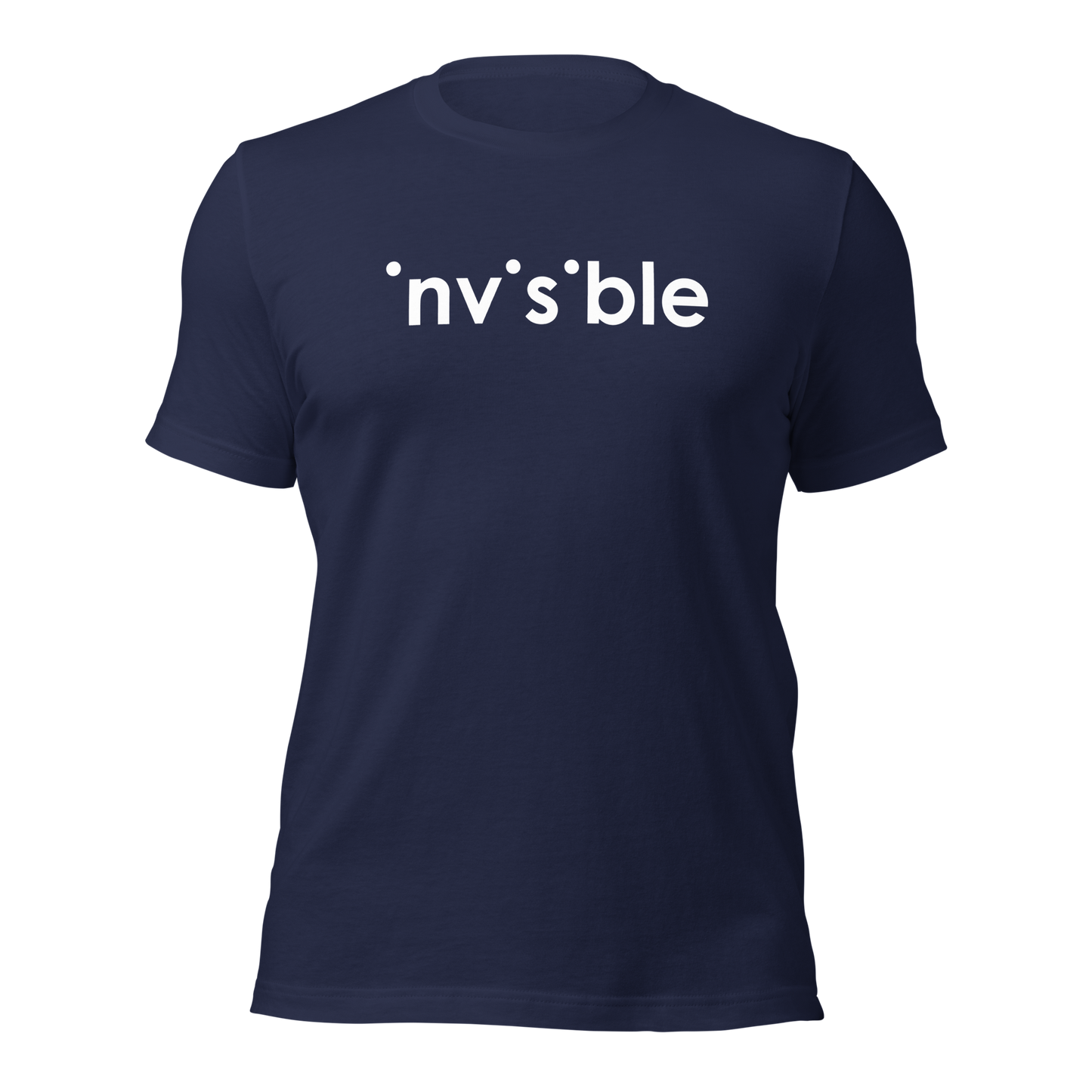 Navy Unisex T-Shirt mit weißem Invisible Schriftzug, bei dem die i-Punkte fehlen Brustprint