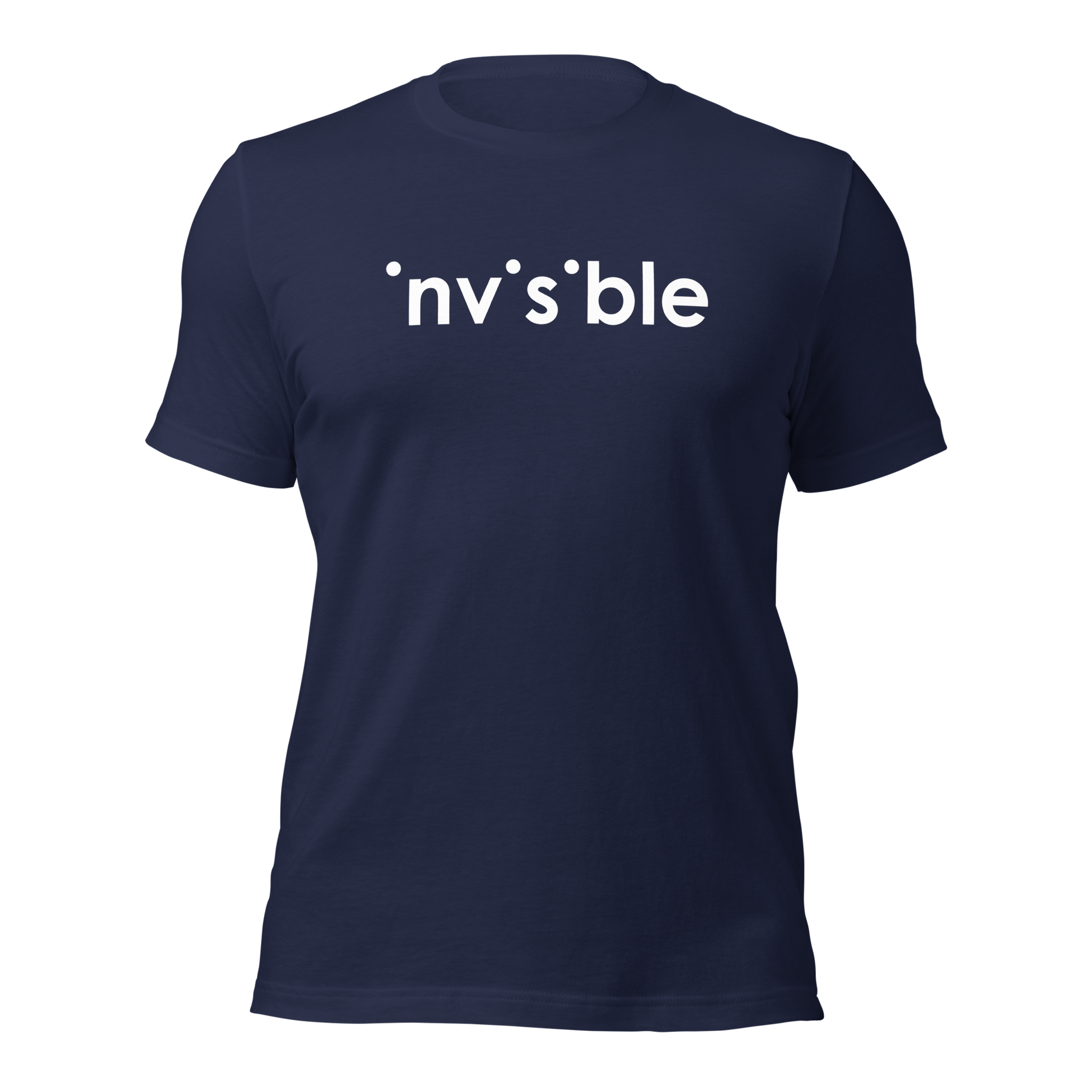 Navy Unisex T-Shirt mit weißem Invisible Schriftzug, bei dem die i-Punkte fehlen Brustprint